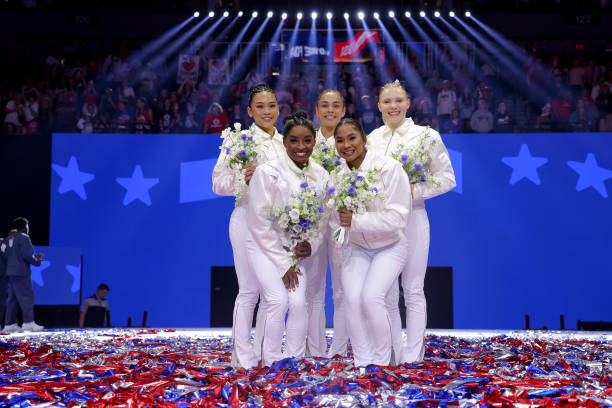 Suni Lee, Simone Biles, Hezly Rivera, Jordan Chiles and Jade Carey pose after being selected for the 2024 U.S. Olympic Women's Gymnastics Team on Day...