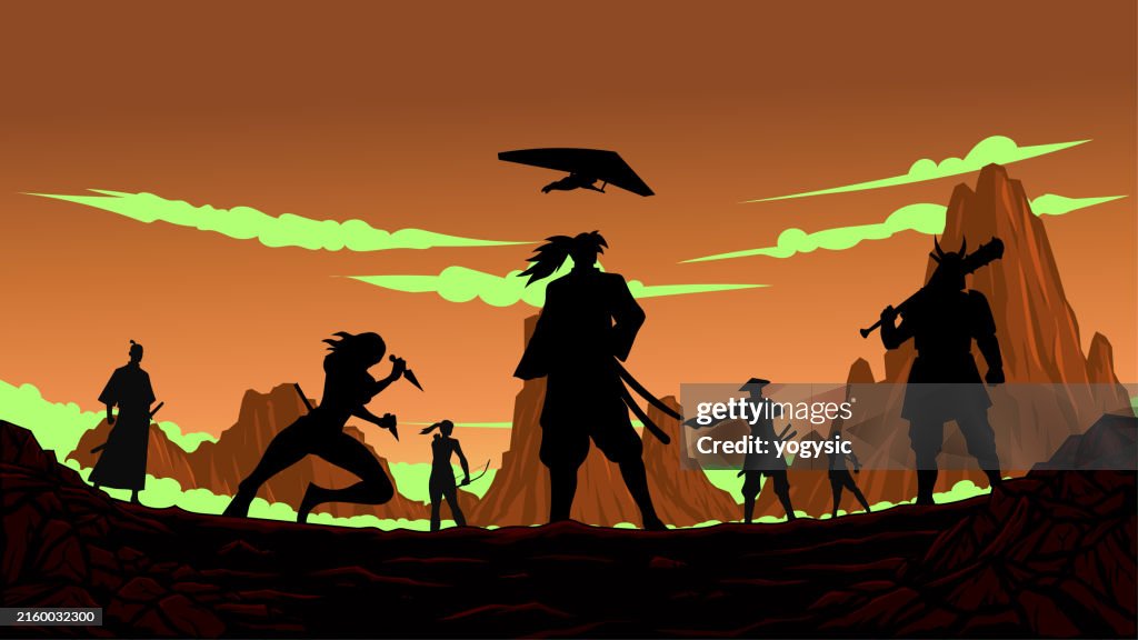 Vector Samurai Warriors Team Silhouette Stock Illustration