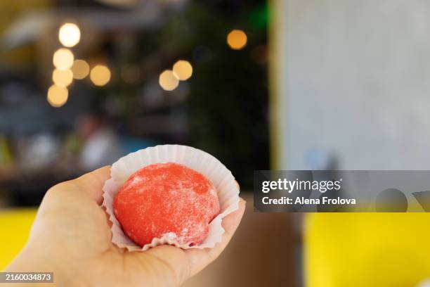 strawberry mochi on a plate in a cafe - filled doughnut stock pictures, royalty-free photos & images