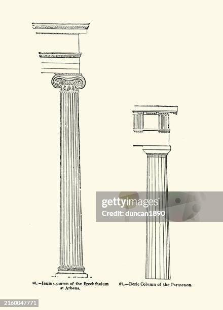 ancient classical greek architecture, ionic and doric columns, athens, 19th century woodcut - ionic stock illustrations