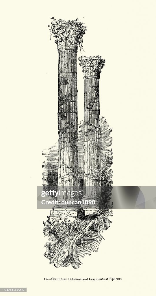 Ancient classical Greek architecture, Ruins of Corinthian Columns, Ephesus, 19th Century woodcut