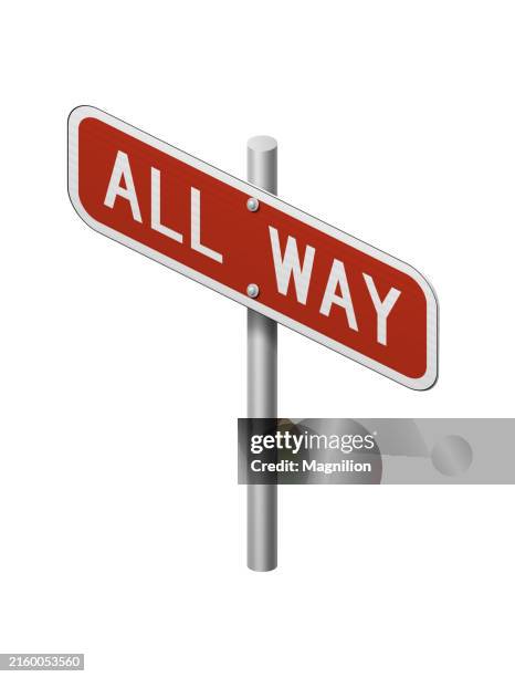 ilustraciones, imágenes clip art, dibujos animados e iconos de stock de señal de tráfico 3d en todo el sentido, señal de tráfico roja y blanca en poste de metal, vector isométrico - stop sign pole