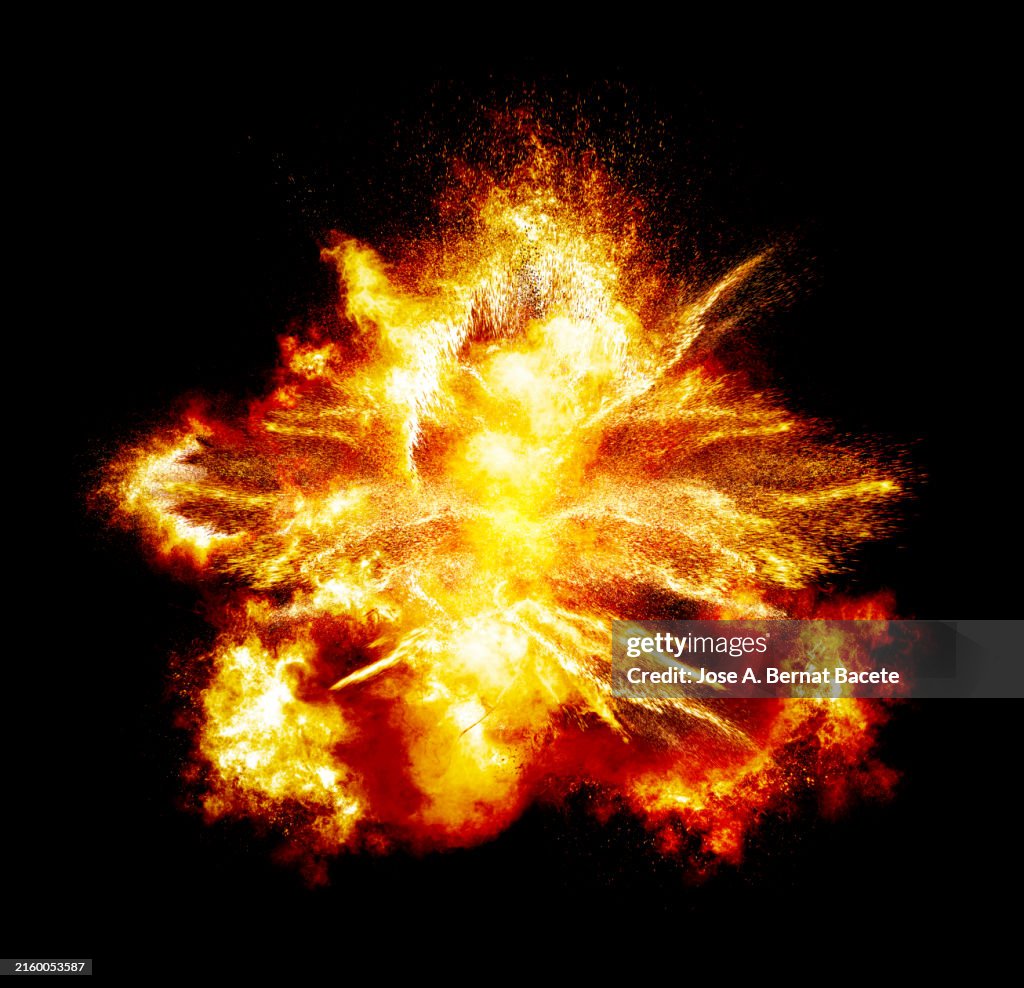 Shock wave from a large explosion with moving smoke and fire particles on a black background.