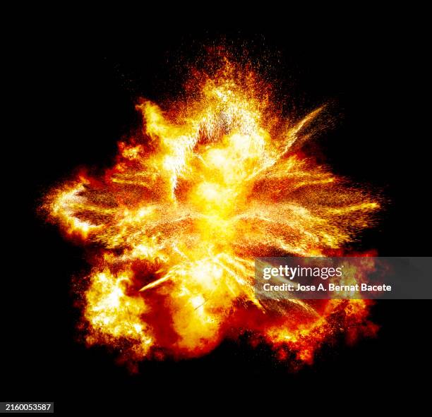 shock wave from a large explosion with moving smoke and fire particles on a black background. - bomba fotografías e imágenes de stock