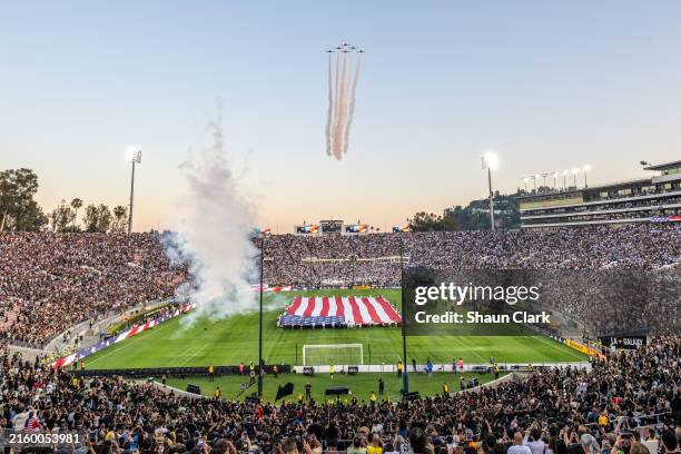 The opening ceremony prior to the match between Los Angeles Galaxy and Los Angeles FC at the Rose Bowl on July 4, 2024 in Pasadena, California. Los...