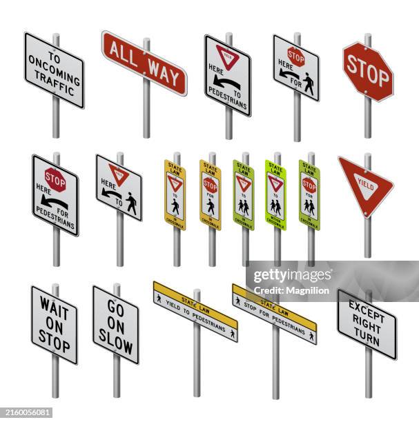 ilustraciones, imágenes clip art, dibujos animados e iconos de stock de colección de señales de control de tráfico y seguridad, stop, ceda el paso, peatones y señales direccionales ilustración vectorial - stop sign pole