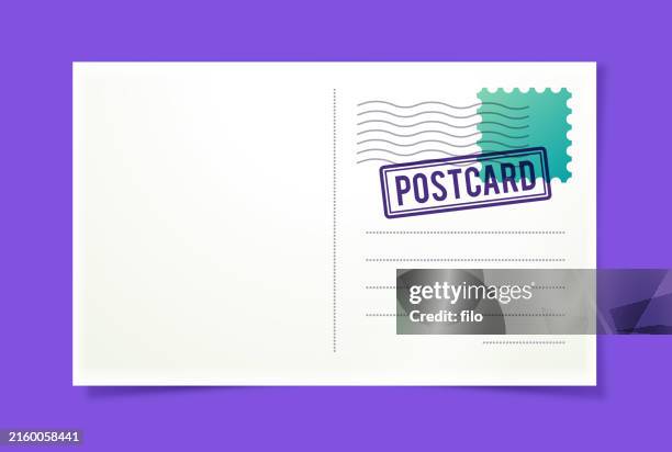 travel postcard purple background cancellation stamp - postcard stock illustrations