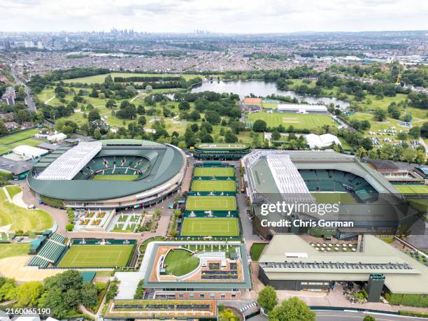 An aerial view of Wimbledon's Centre and Number one courts as the ground prepares for this years tournament, June 18, 2024 in London, United Kingdom.