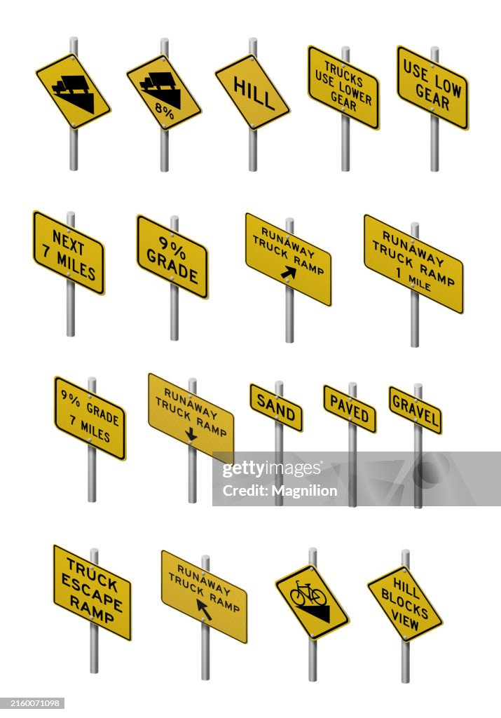 Collection of Road Warning Signs for Safety and Navigation Applications, Isometric vector illustration