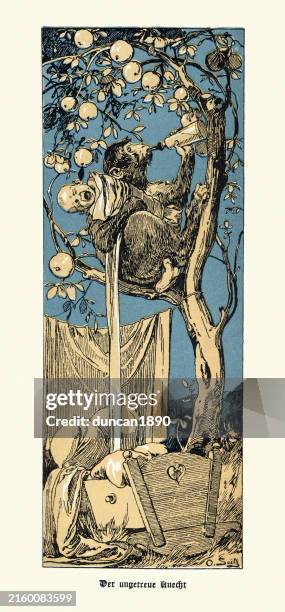 ilustraciones, imágenes clip art, dibujos animados e iconos de stock de el sirviente infiel, mono nodriza que roba la leche del bebé, art nouveau, jugendstil, alemania, década de 1890 siglo xix - servant mono