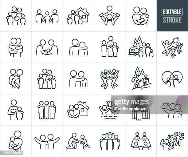 ilustraciones, imágenes clip art, dibujos animados e iconos de stock de familias e iconos de líneas finas de relaciones familiares - trazo editable - relaciones interpersonales