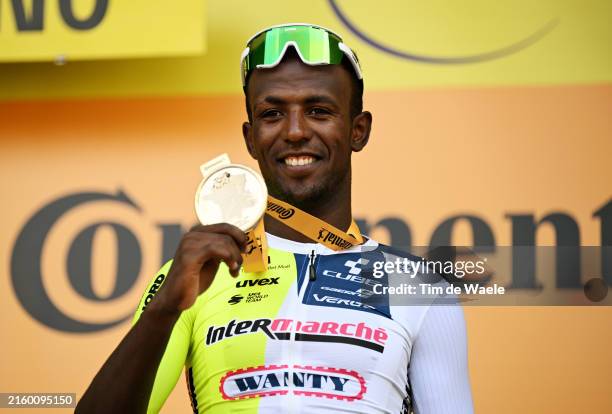 Biniam Girmay of Eritrea and Team Intermarche - Wanty celebrates at podium as stage winner during the 111th Tour de France 2024, Stage 3 a 230.8km...
