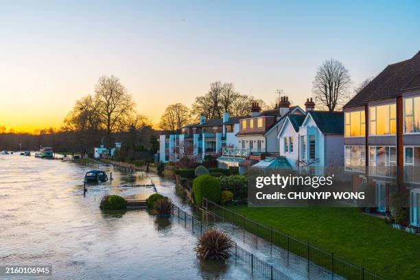 river thames in winter flood at marlow, buckinghamshire, england - overstromingsgebied stockfoto's en -beelden