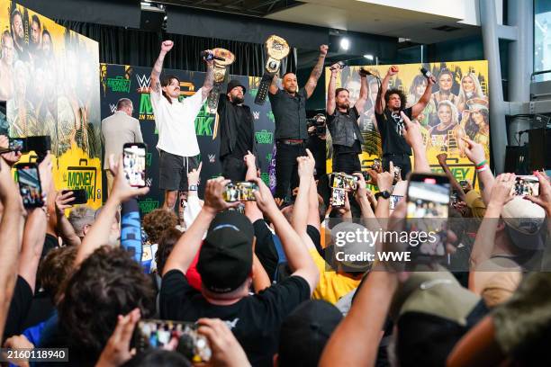 The members of the Judgment Day on stage during the WWE Money in the Bank Kickoff show at Scotiabank Arena on July 5, 2024 in Toronto, Canada.