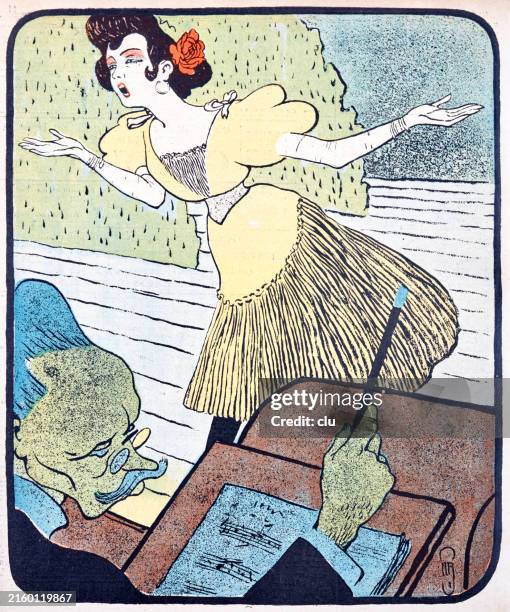 ilustrações de stock, clip art, desenhos animados e ícones de opera singer intones her song with wide spread arms, in the foreground the conductor at the lectern - musica clássica