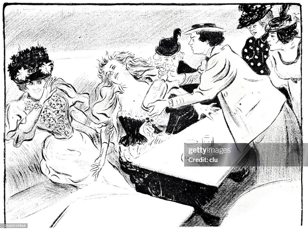 Women at a table have quarrels, a woman sprays another with a water bottle in the face