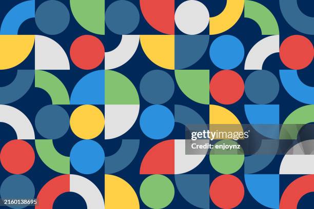 seamless primary colors retro bauhaus abstract shapes pattern - patchwork vector stock illustrations