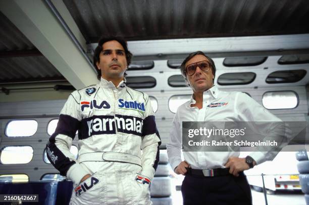 Nelson Piquet and Bernie Ecclestone during the German GP at Hockenheimring on August 07, 1983 in Hockenheimring, Germany.