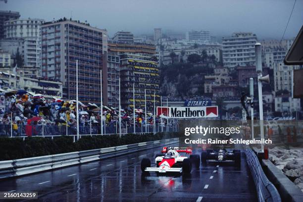 Alain Prost, McLaren MP4-2 TAG, leads Nigel Mansell, Lotus 95T Renault during the Monaco GP at Circuit de Monaco on June 03, 1984 in Circuit de...