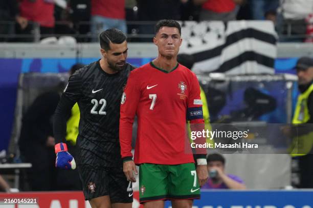 Cristiano Ronaldo of Portugal cries before the second half of extra time during the UEFA EURO 2024 round of 16 match between Portugal and Slovenia at...