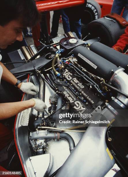 Detail of the Porsche-built TAG engine in the McLaren MP4-1E of Niki Lauda, which was making its race debut, during practice during the Dutch GP at...