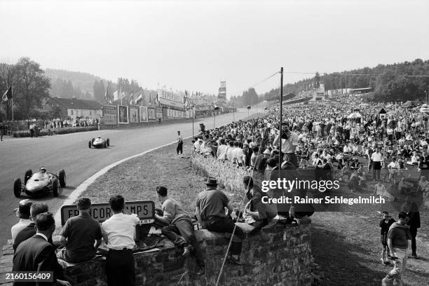 Ricardo Rodriguez, Ferrari 156, leads Phil Hill, Ferrari 156, into Eau Rouge during the Belgian GP at Spa-Francorchamps on June 17, 1962 in...