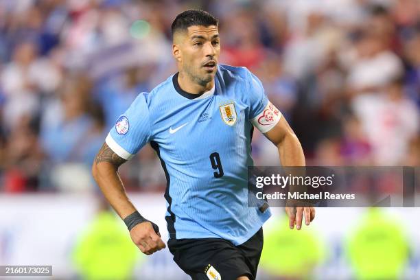 Luis Suarez of Uruguay in action during the CONMEBOL Copa America 2024 Group C match between United States and Uruguay at GEHA Field at Arrowhead...