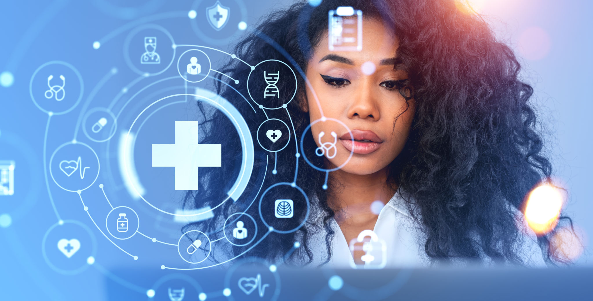 Black woman and glowing medical icons, health care or hospital treatment Black woman and glowing medical icons, health care or hospital treatment