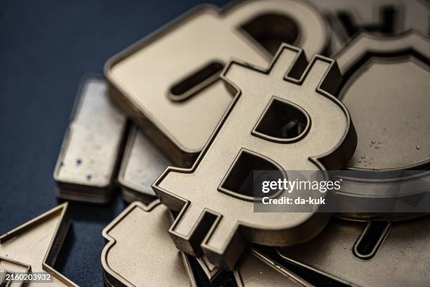 golden bitcoin icon concept. digital wallets and crypto currency background. digital money and blockchain technology. minimalistic setup with copy space - digital currency stock pictures, royalty-free photos & images