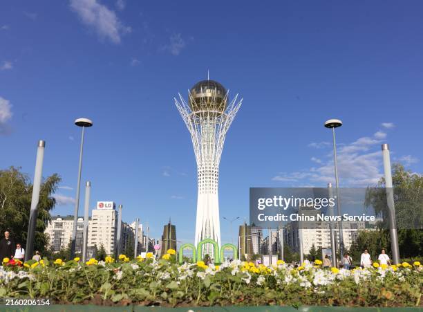 Baiterek Tower is seen on July 1, 2024 in Nur Sultan, Kazakhstan. Astana is the capital of the Republic of Kazakhstan, with the Ishim River running...