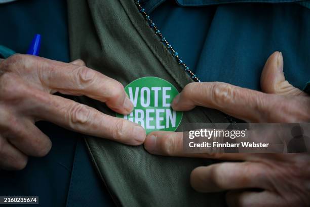 Green Party sticker is seen, on July 02, 2024 in Bristol, England. Carla Denyer, co-leader of the Green Party, is benefiting from her party's growing...