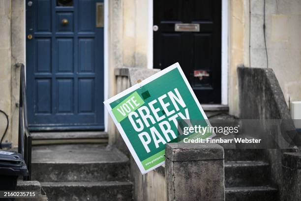Green Party sign is seen, on July 02, 2024 in Bristol, England. Carla Denyer, co-leader of the Green Party, is benefiting from her party's growing...