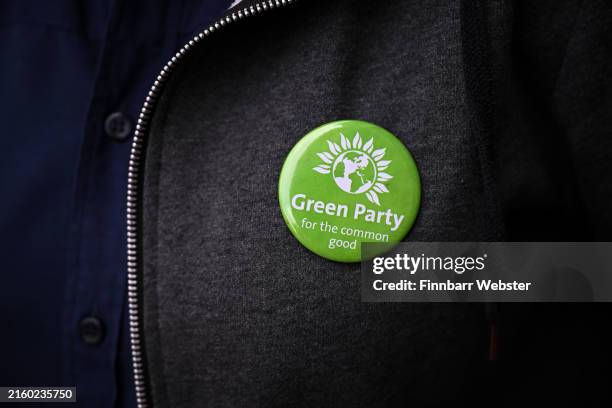 Green Party badge is seen, on July 02, 2024 in Bristol, England. Carla Denyer, co-leader of the Green Party, is benefiting from her party's growing...