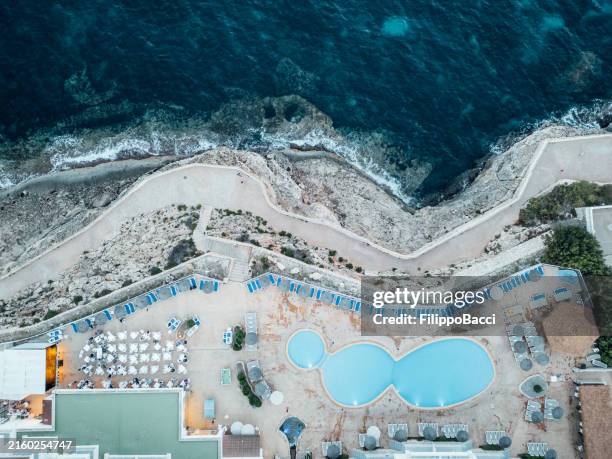 veduta aerea dell'hotel di lusso con piscina che si affaccia sull'oceano al tramonto - isole baleari foto e immagini stock