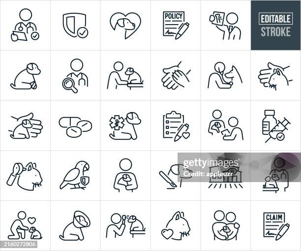 ilustraciones, imágenes clip art, dibujos animados e iconos de stock de iconos de línea delgada de seguro para mascotas - trazo editable - clínica veterinaria