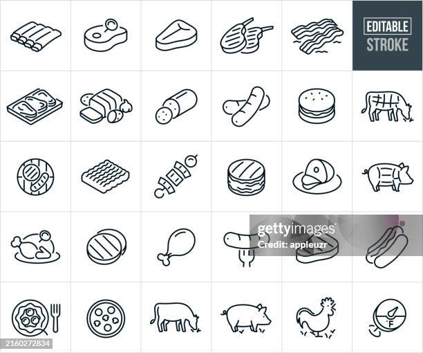 ilustrações de stock, clip art, desenhos animados e ícones de meats thin line icons - editable stroke - costeleta comida