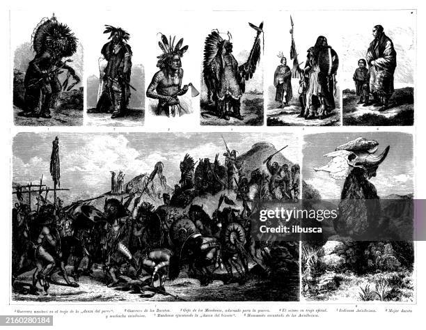 antique engraving collection, ethnography: dakota, assiniboine and other native americans - indigenous languages stock illustrations