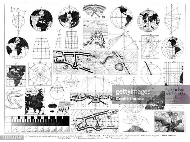 antique engraving collection, mathematics and cartography - cartography stock illustrations
