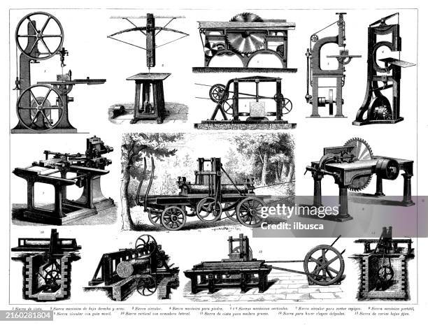 antique engraving collection, mechanics, saw - circular saw stock illustrations