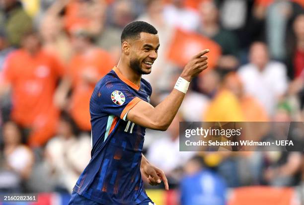Cody Gakpo of the Netherlands celebrates scoring his team's first goal during the UEFA EURO 2024 round of 16 match between Romania and Netherlands at...