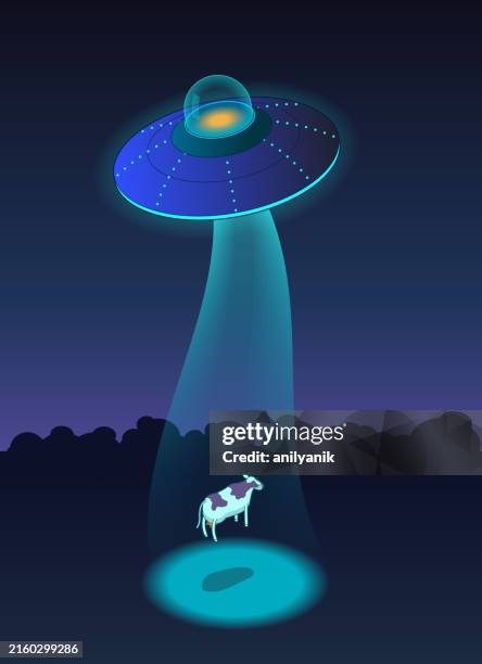 ufo abducting a cow, forest landscape - kidnapping stock illustrations
