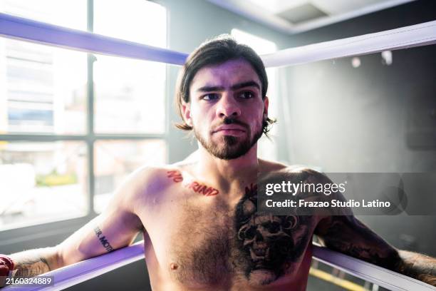 young man boxer in the fighting ring - wrestling tattoo stock pictures, royalty-free photos & images