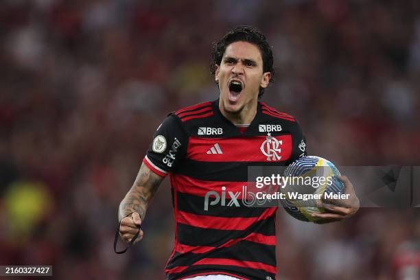 Pedro of Flamengo celebrates after scoring the first goal of his team during the match between Flamengo and Cuiaba as part of Brasileirao 2024 at...