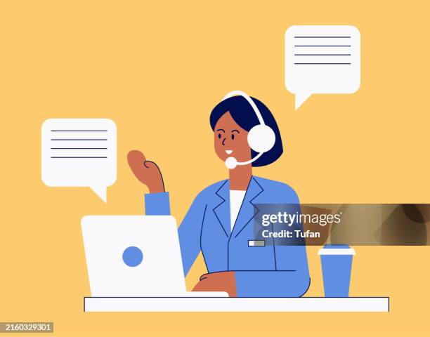 stockillustraties, clipart, cartoons en iconen met customer service illustration: woman providing support with headset and laptop - headset