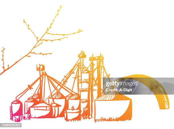 farmingmodernsilosgold - tall grass field stock illustrations
