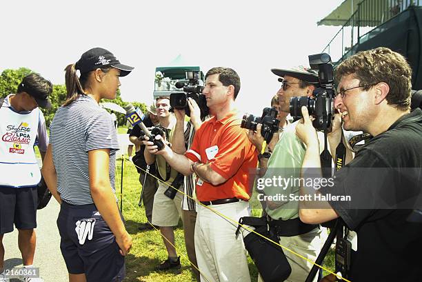 Michelle Wie speaks with the media during the final round of the ShopRite LPGA Classic on the Bay Course at the Seaview Resort and Spa on June 29,...