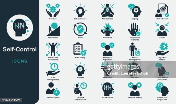 illustrations, cliparts, dessins animés et icônes de collection d’icônes solides self-control. volonté, fixation d’objectifs, adaptation, pratique, persévérance, conscience de soi, contrôle cognitif, régulation comportementale, concentration, résistance à la tentation, motivation, habitude. - selective collection