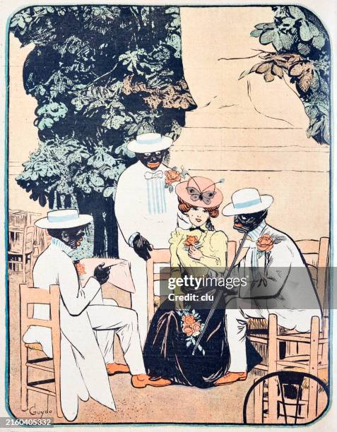 elegant lady with butterfly hat talking with white dressed africans - gentlemens club stock illustrations