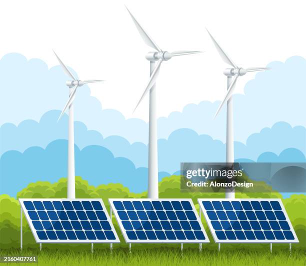 ilustrações de stock, clip art, desenhos animados e ícones de solar panels and wind turbines at an alternative power station. concept of green energy and renewable energy sources. - painel solar