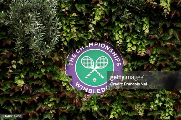Detailed view of The Championships Wimbledon logo seen on a wall during day three of The Championships Wimbledon 2024 at All England Lawn Tennis and...